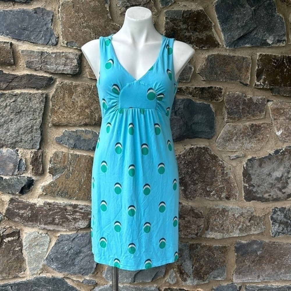Boden Sleeveless Jersey Knit Tunic Dress in Blue Polka Dot Print Size 8 Regular